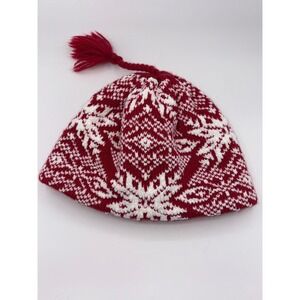 Turtle Fur Red & White Knit Beanie Hat with Ponytail Opening – Wool Blend, Adult